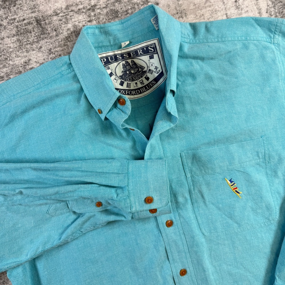 VTG Pussers Old Navy Oxford Shirt Mens Large Teal OCBD Cotton Preppy Ivy Coastal